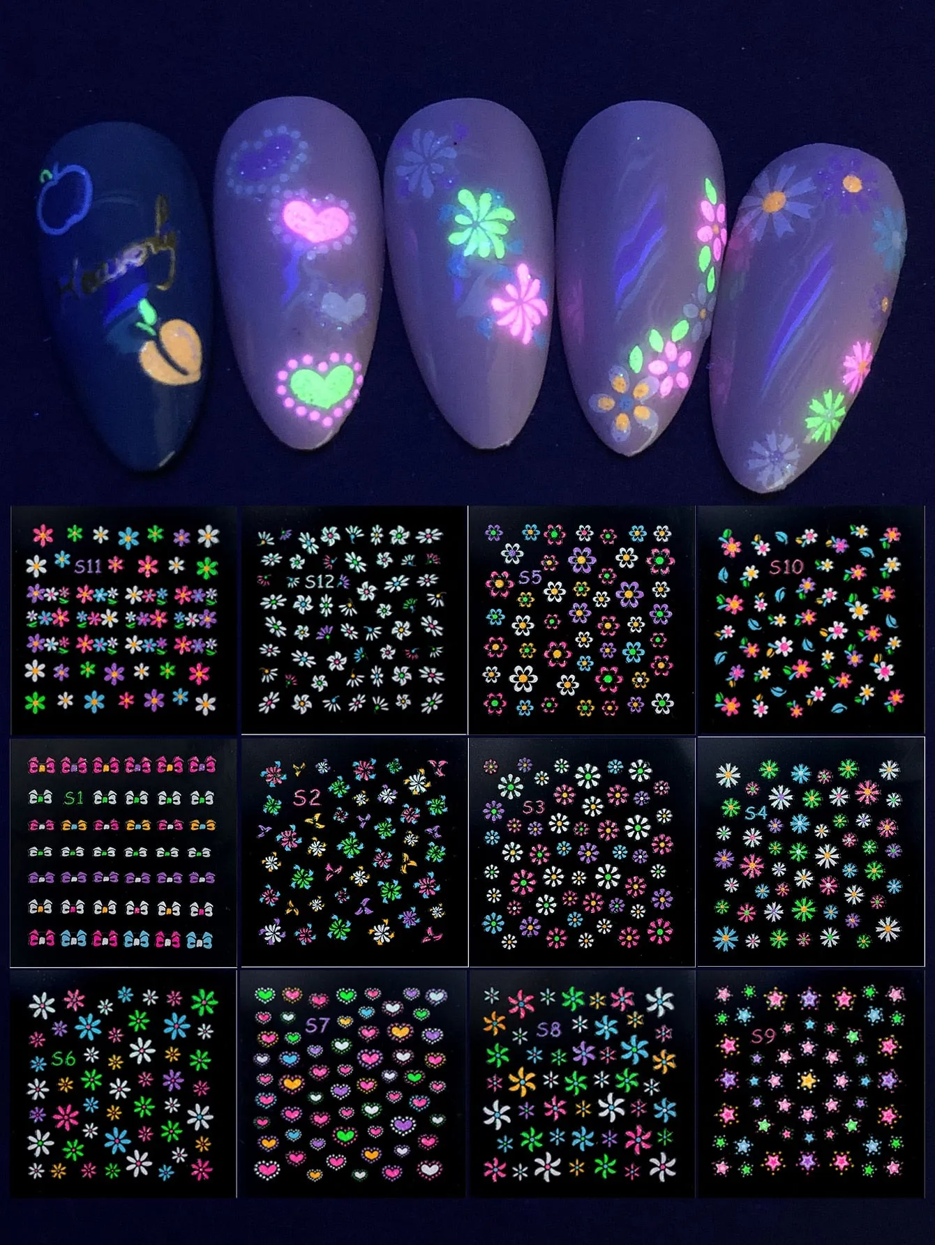 12sheets Luminous Floral Pattern Nail Art Sticker