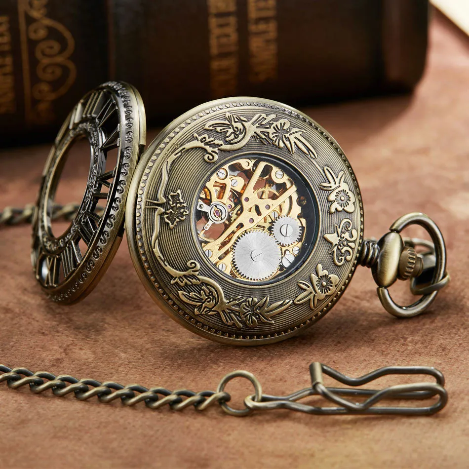 Antique Steampunk Skeleton Mechanical Pocket Watch for Men Women