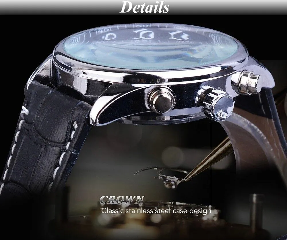 Automatic Mechanical Black Leather Strap Men's Watches with Calendar