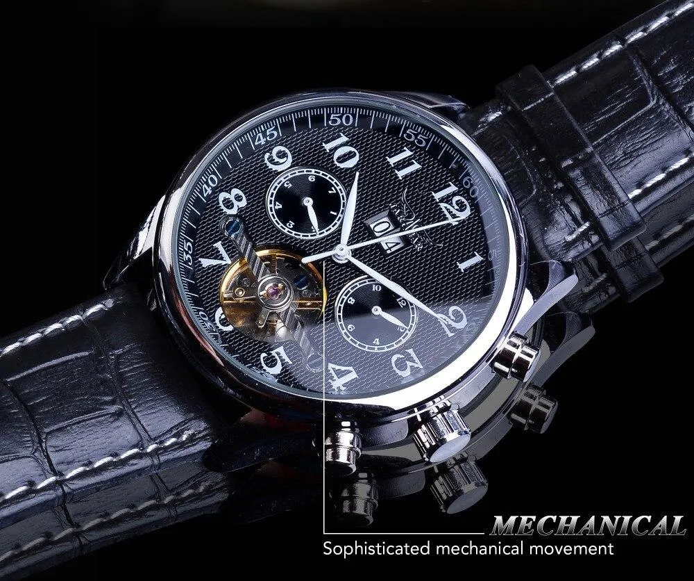 Automatic Mechanical Black Leather Strap Men's Watches with Calendar