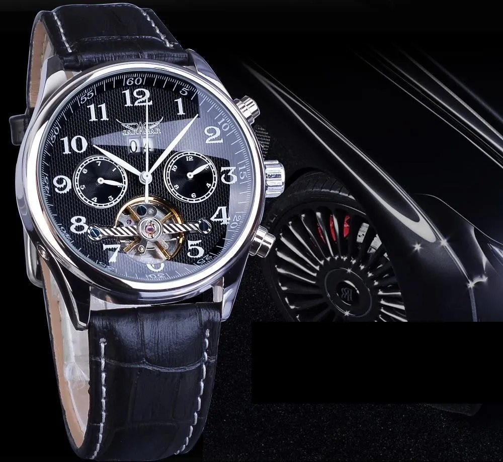 Automatic Mechanical Black Leather Strap Men's Watches with Calendar