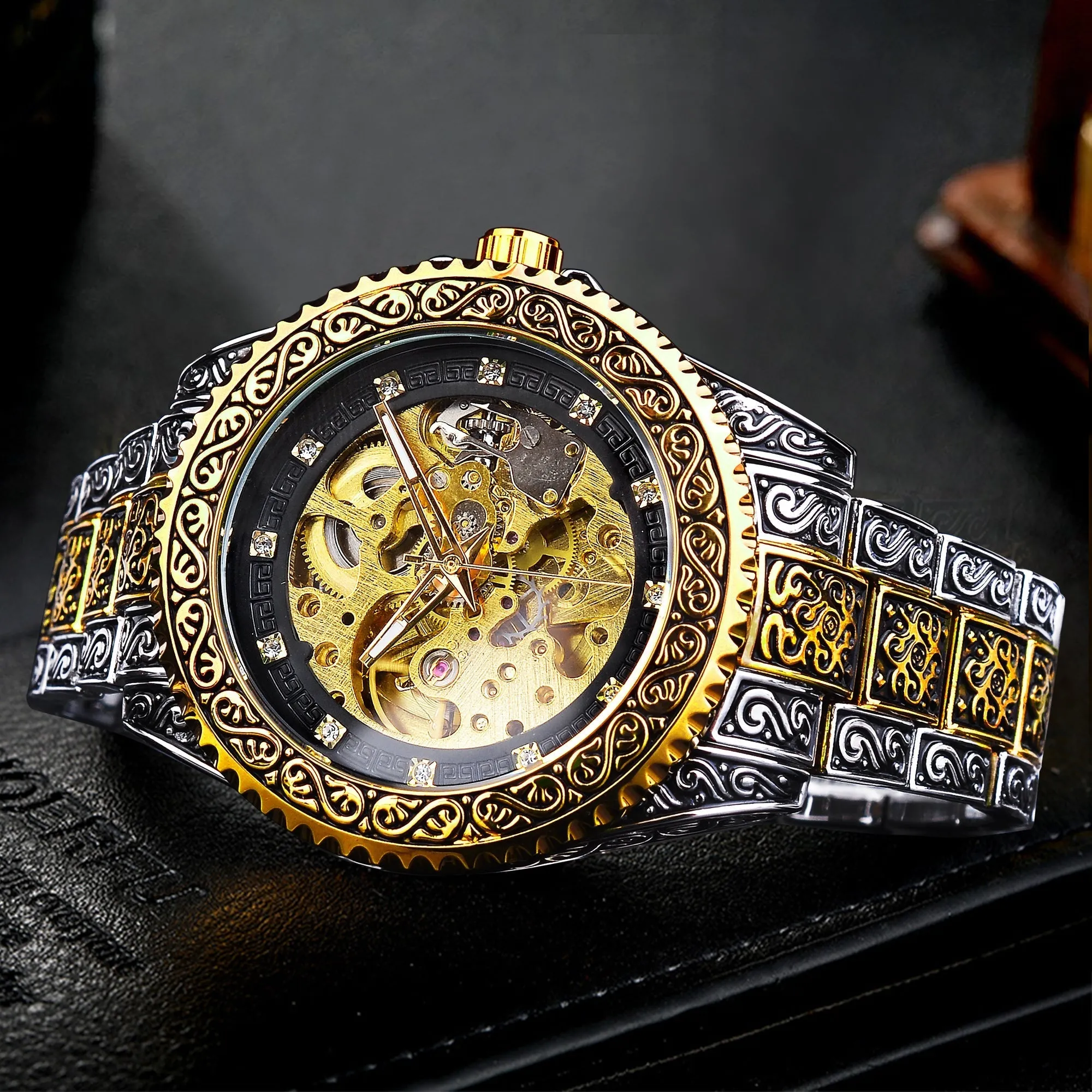 Automatic Stainless Steel Diamond Skeleton Wrist Watch for Men