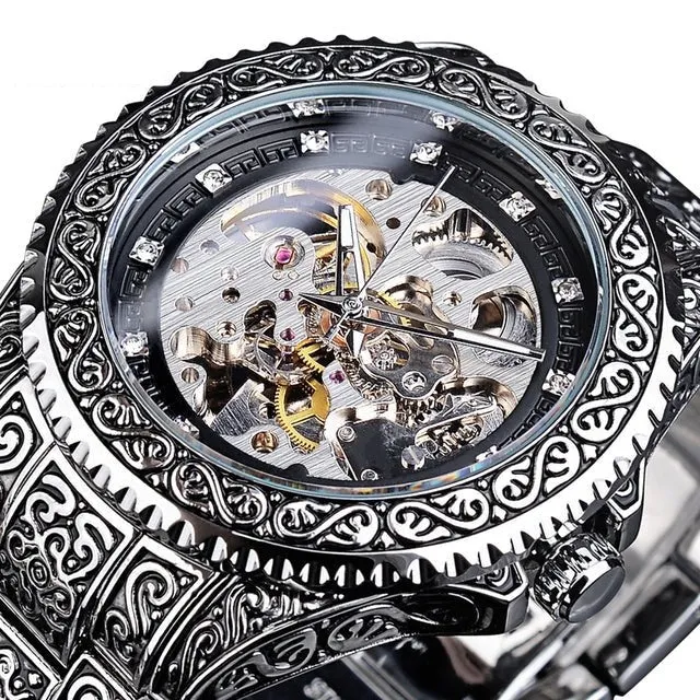 Automatic Stainless Steel Diamond Skeleton Wrist Watch for Men