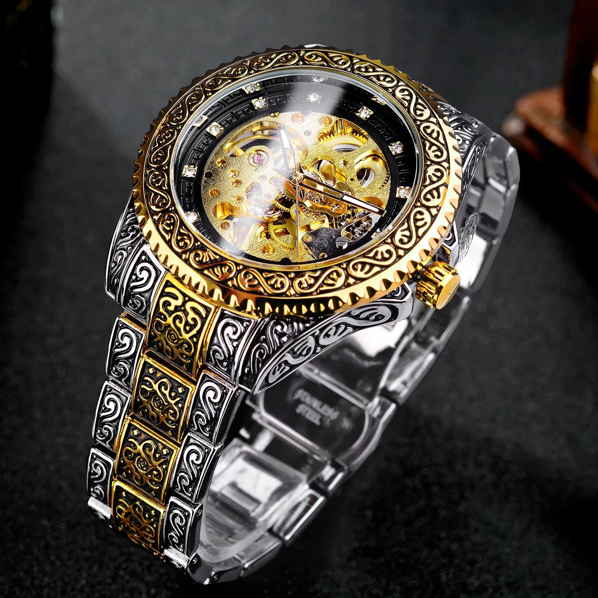 Automatic Stainless Steel Diamond Skeleton Wrist Watch for Men