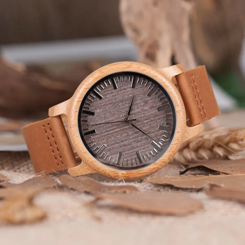 Bamboo Wooden Casual Round Watches with Leather Strap for Men