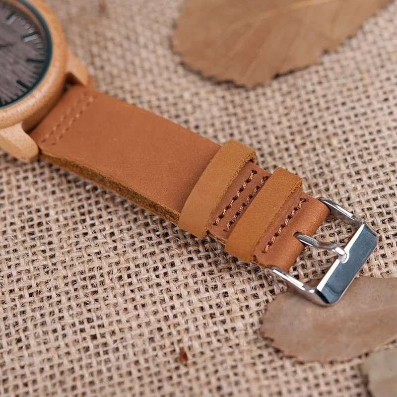 Bamboo Wooden Casual Round Watches with Leather Strap for Men