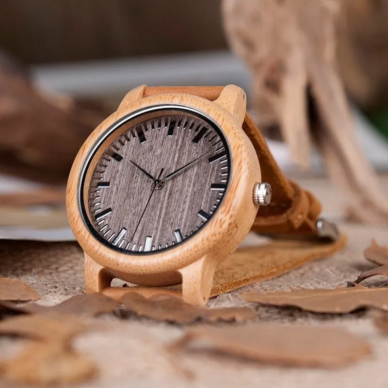 Bamboo Wooden Casual Round Watches with Leather Strap for Men