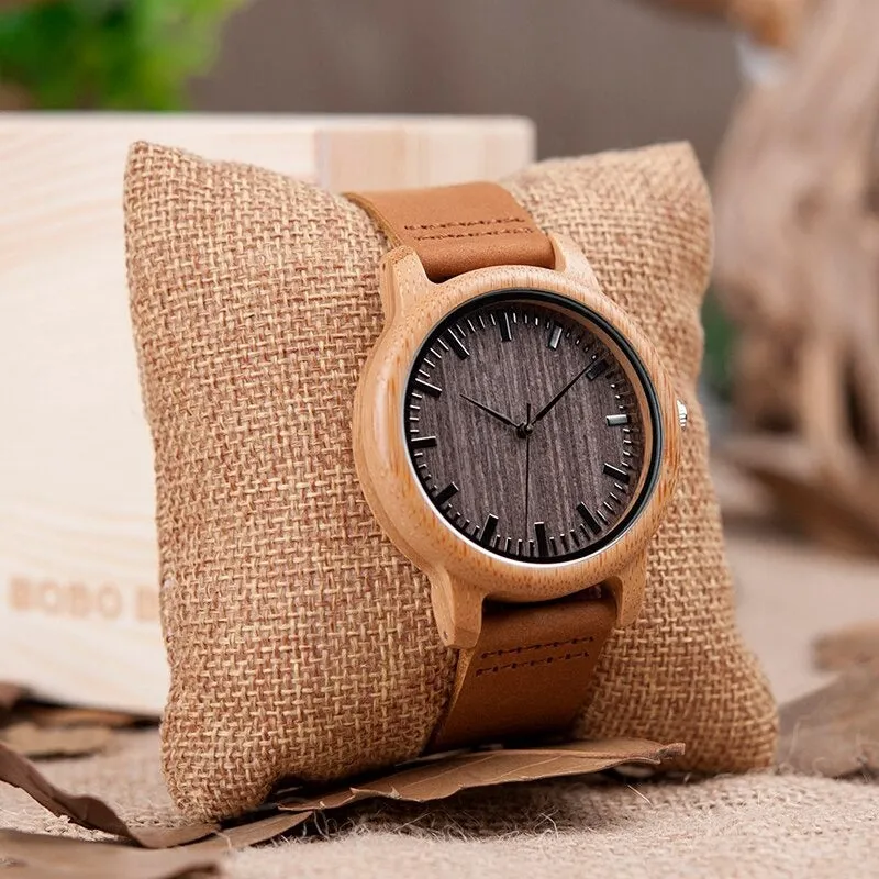 Bamboo Wooden Casual Round Watches with Leather Strap for Men