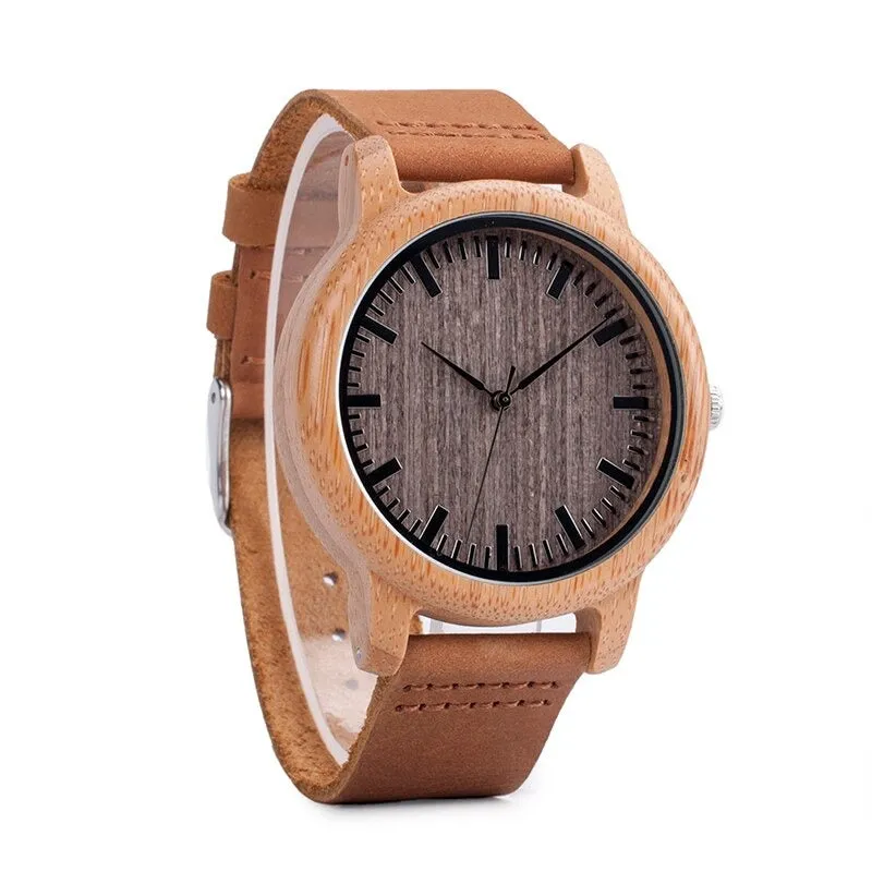 Bamboo Wooden Casual Round Watches with Leather Strap for Men