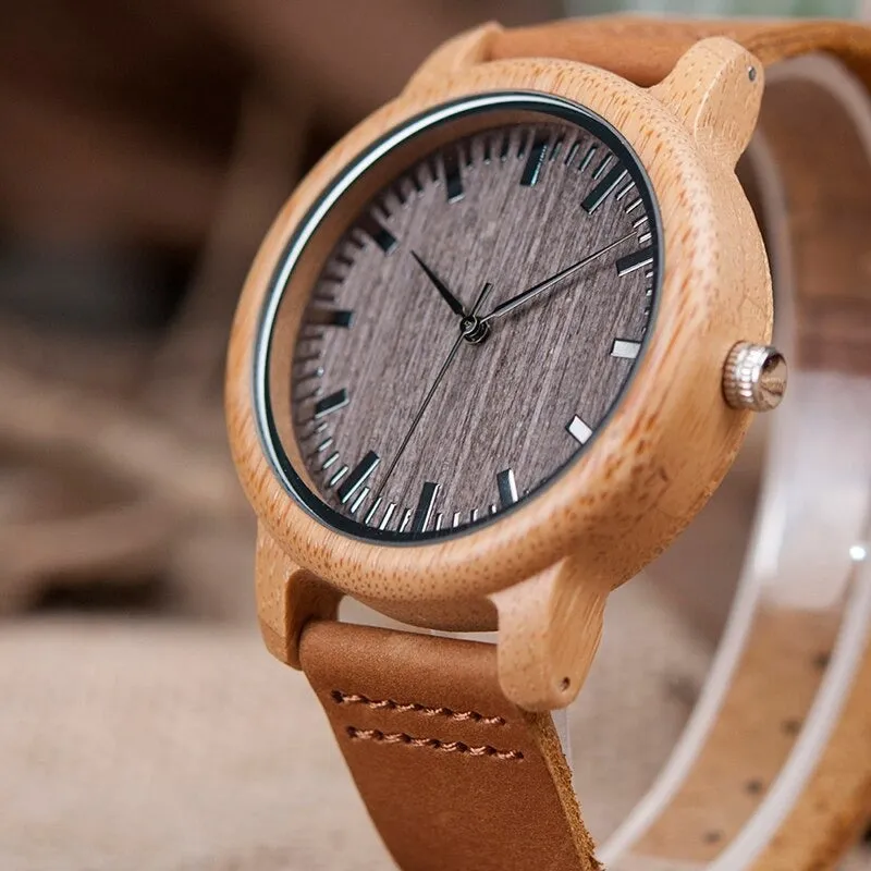 Bamboo Wooden Casual Round Watches with Leather Strap for Men