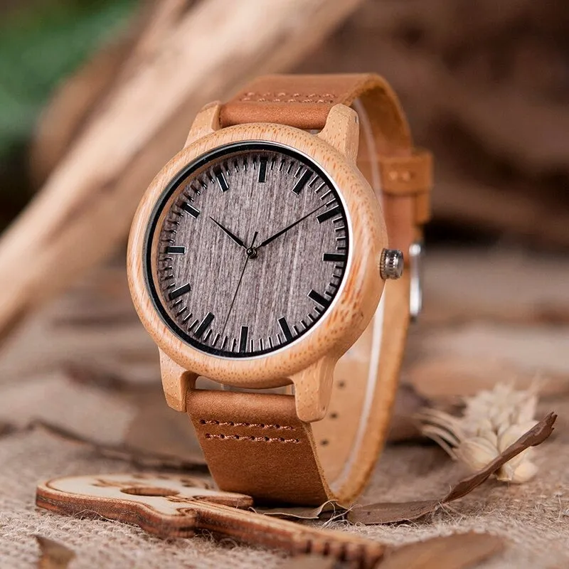 Bamboo Wooden Casual Round Watches with Leather Strap for Men