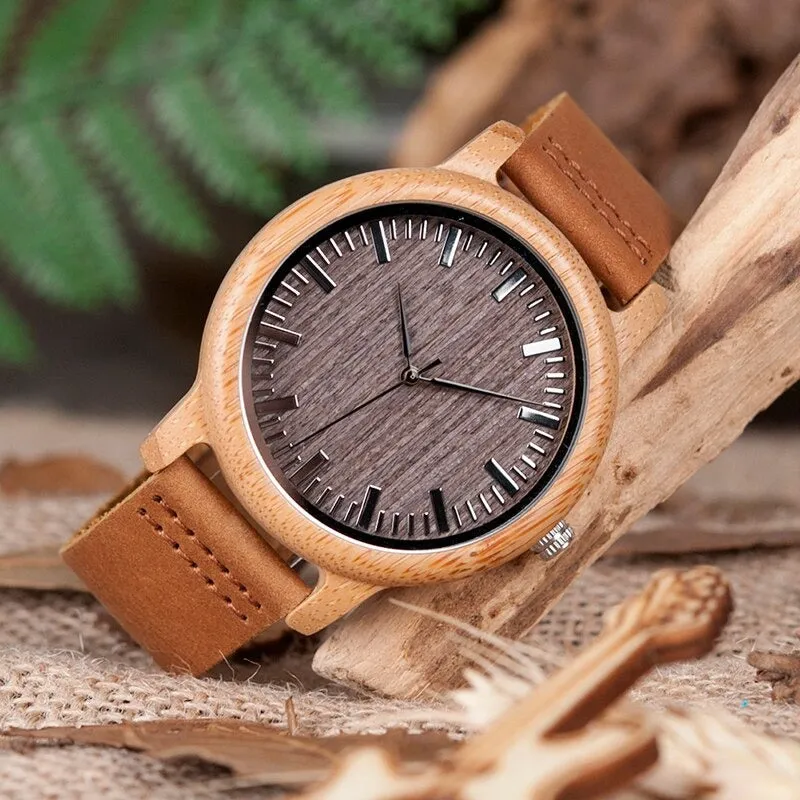 Bamboo Wooden Casual Round Watches with Leather Strap for Men