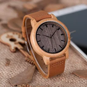 Bamboo Wooden Casual Round Watches with Leather Strap for Men