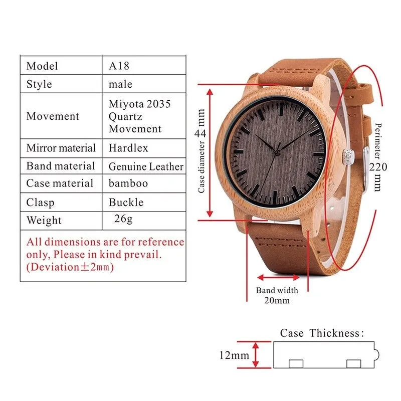 Bamboo Wooden Casual Round Watches with Leather Strap for Men