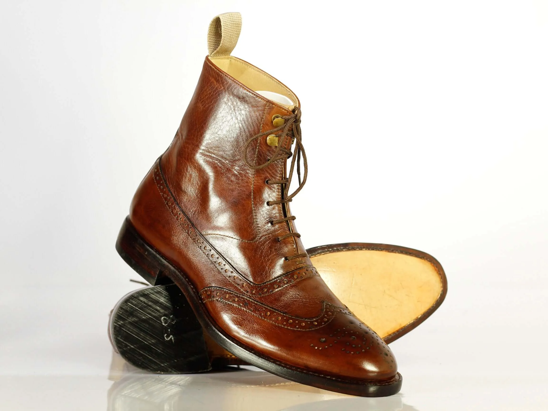 Bespoke Brown Leather Wing Tip Lace Up Boots for Men