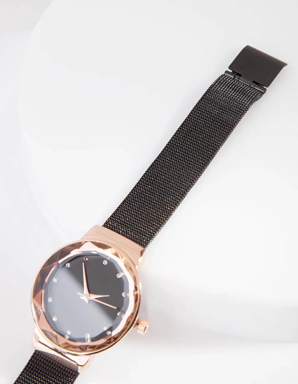 Black Faceted Medium Mesh Watch