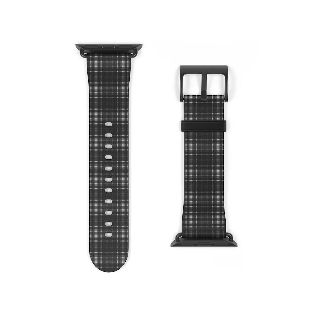 Black Gray Plaid Apple Watch Band, Tartan Print 38mm/42mm Watch Band - Made in USA