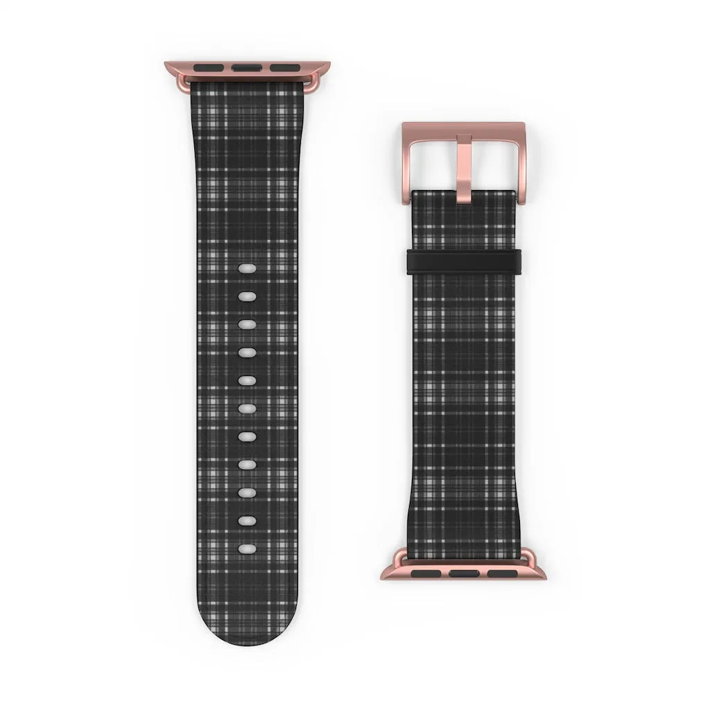 Black Gray Plaid Apple Watch Band, Tartan Print 38mm/42mm Watch Band - Made in USA