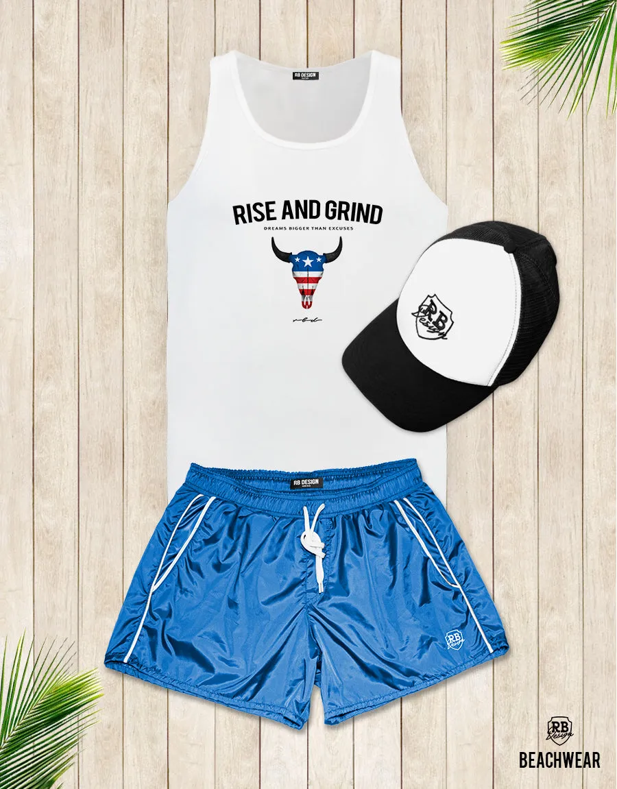 Bundle 3 -  Blue Mens Swimming Shorts   Blue Hat   Tank Top MD932