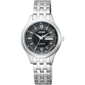 CITIZEN COLLECTION AUTOMATIC MECHANICAL SILVER STRAP BLACK DIAL LADIES WATCH PD7150-54E