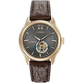 CITIZEN MECHANICAL ANALOG OPEN HEART BROWN STRAP GREY DIAL MEN WATCH NB4003-01H