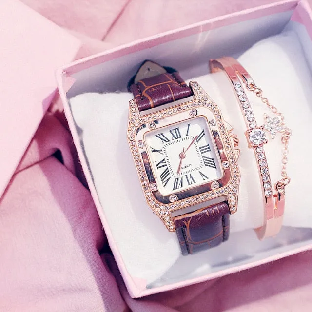 Diamond Starry Square Dial Bracelet Watch Set