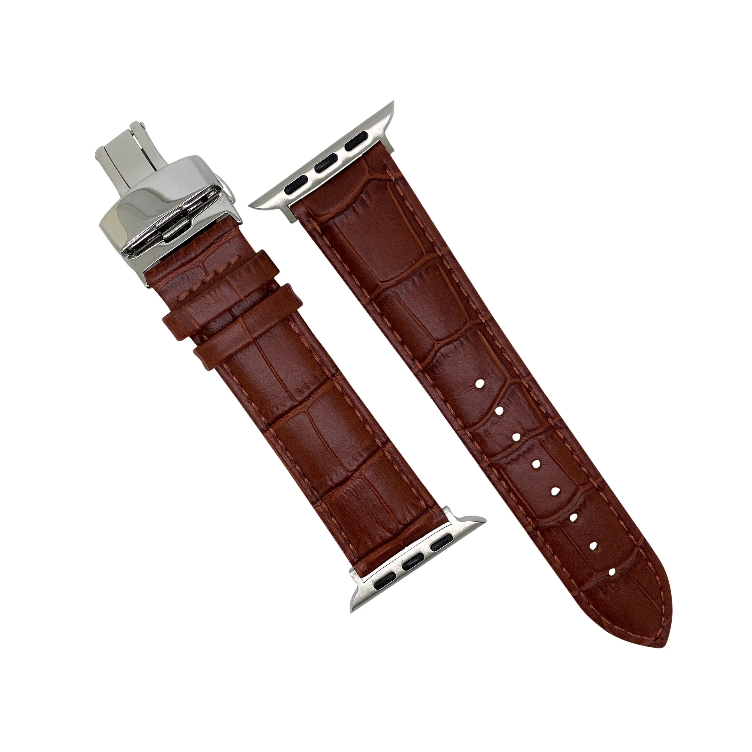 Genuine Croc Pattern Leather Watch Strap in Tan w/ Butterfly Clasp (Apple Watch)