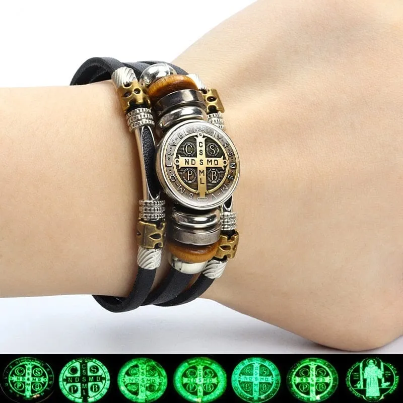 Luminous Saint Benedict WWJD Medallion Leather Bracelet