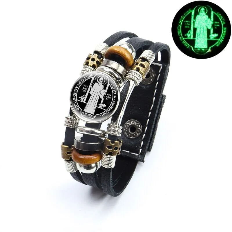 Luminous Saint Benedict WWJD Medallion Leather Bracelet