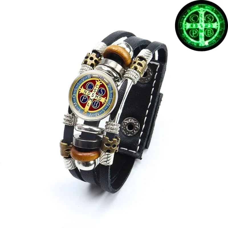 Luminous Saint Benedict WWJD Medallion Leather Bracelet