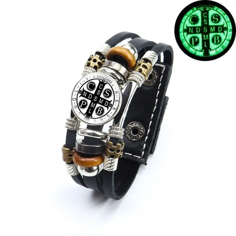 Luminous Saint Benedict WWJD Medallion Leather Bracelet