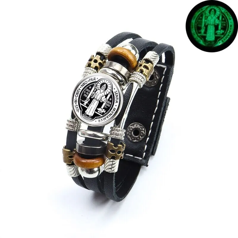 Luminous Saint Benedict WWJD Medallion Leather Bracelet