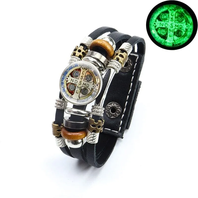 Luminous Saint Benedict WWJD Medallion Leather Bracelet