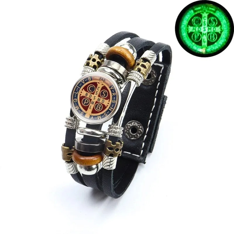 Luminous Saint Benedict WWJD Medallion Leather Bracelet