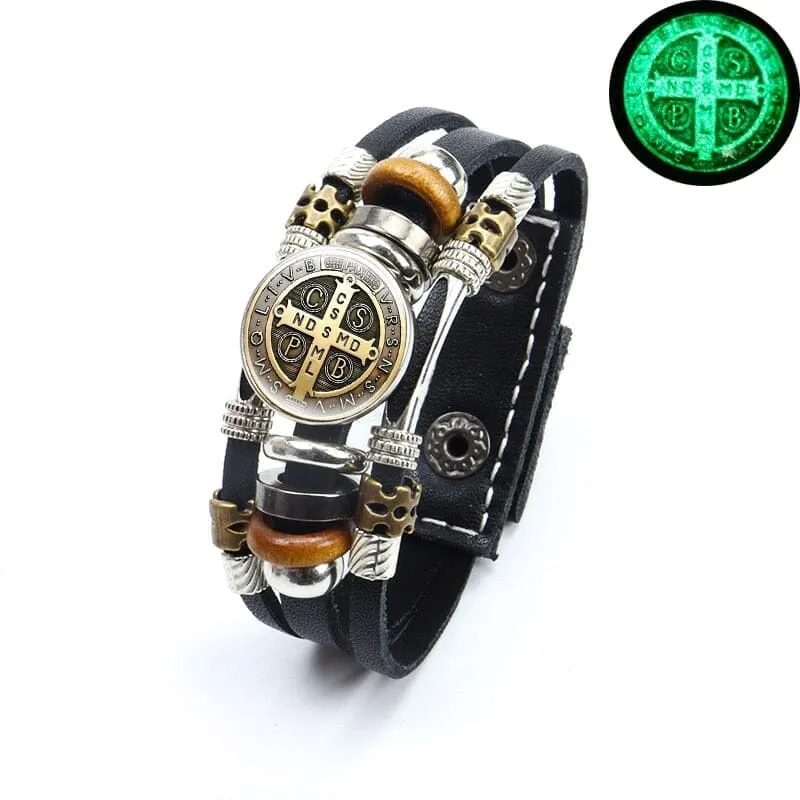 Luminous Saint Benedict WWJD Medallion Leather Bracelet