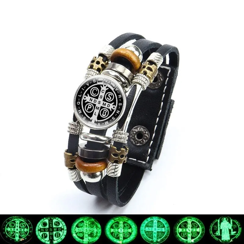 Luminous Saint Benedict WWJD Medallion Leather Bracelet