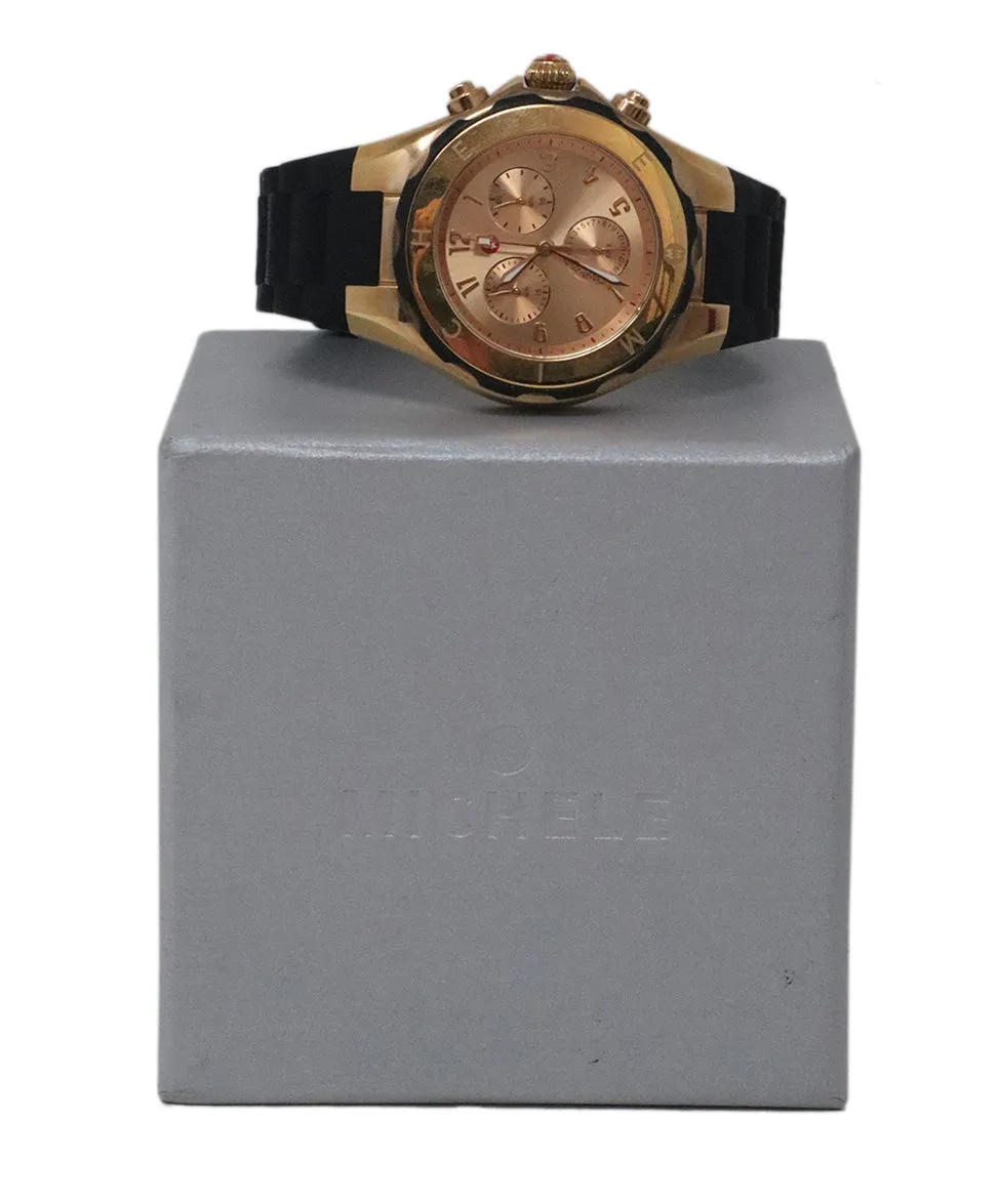 Michele Black Rubber & Rose Gold Watch