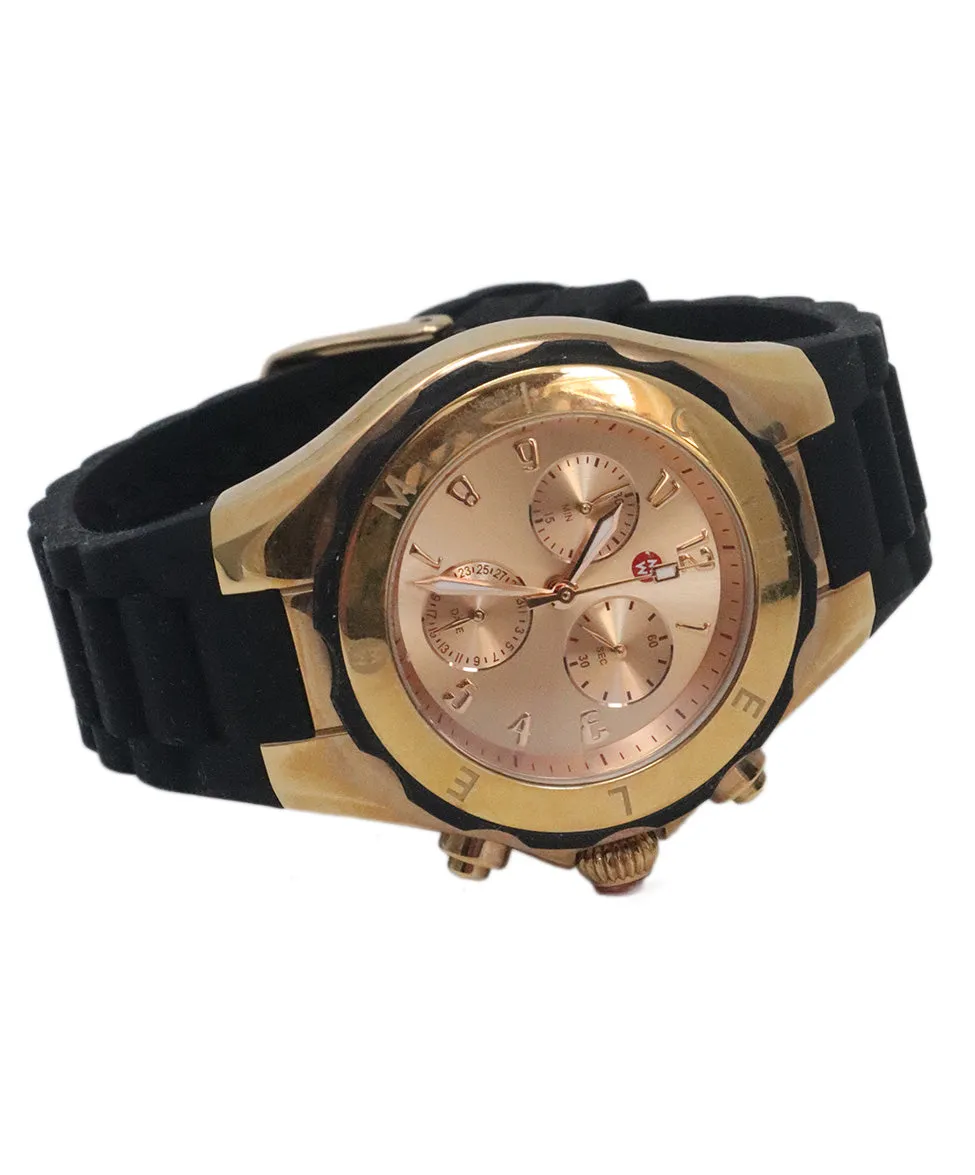 Michele Black Rubber & Rose Gold Watch