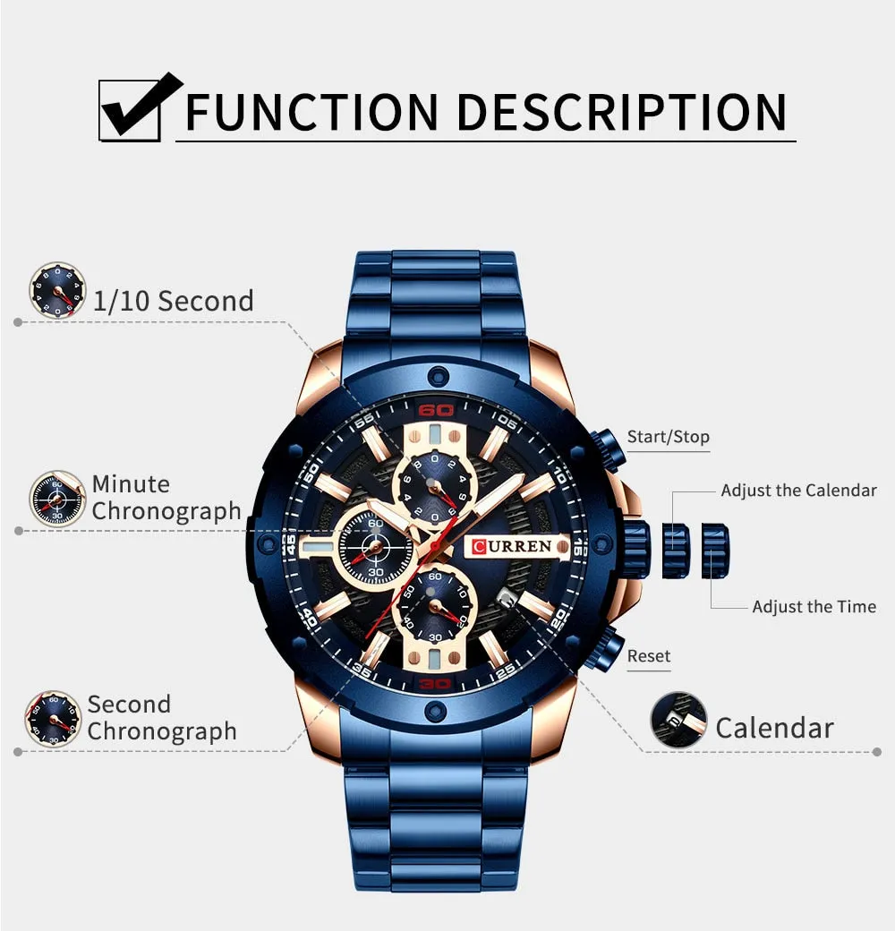 New Quartz Luminous Mans Watch Fashion Sport Stainless Steel Watches 3ATM Waterproof Wristwatch Chronograph Watches