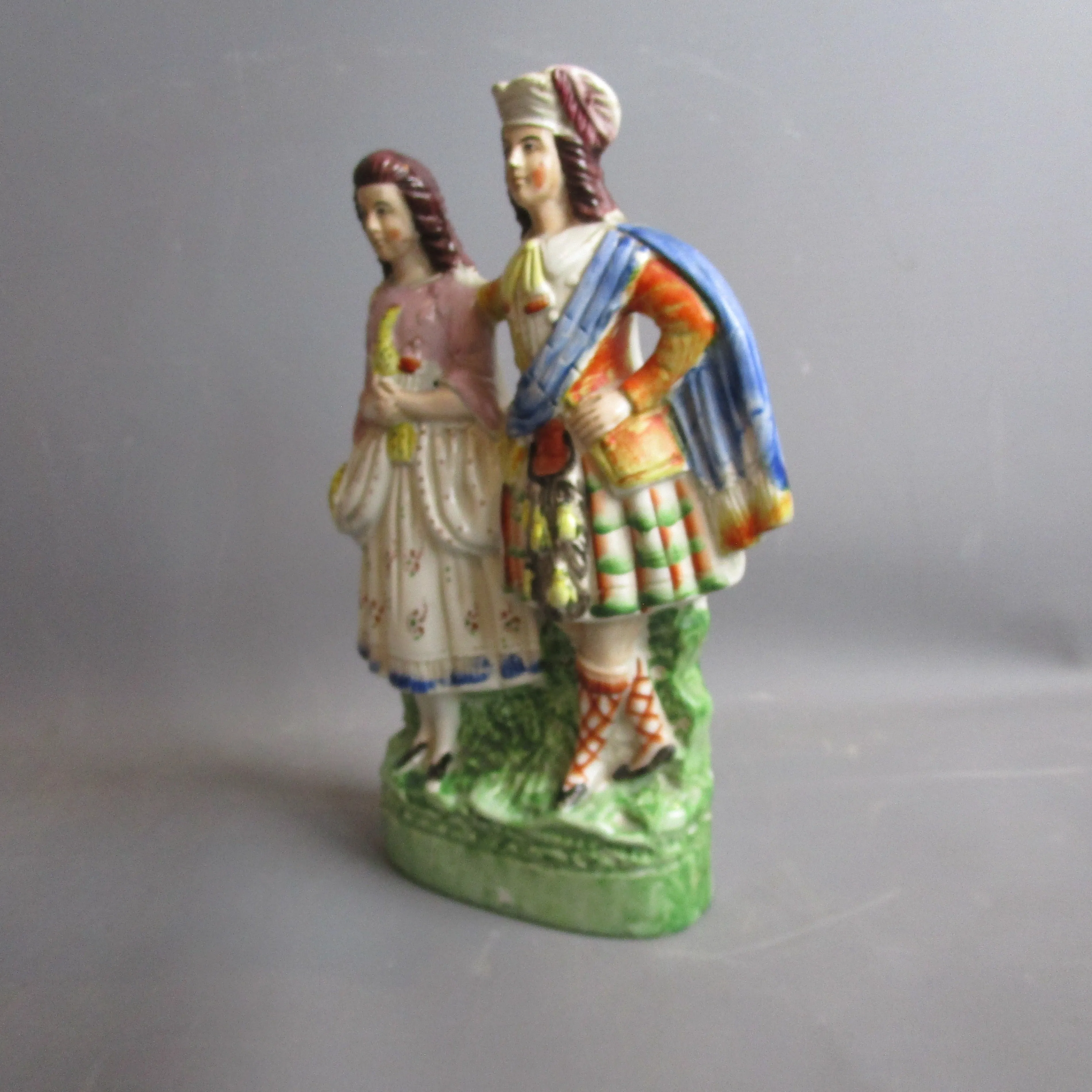 Staffordshire Scottish Couple Flatback Group Scarce Colourway Antique Victorian c1845