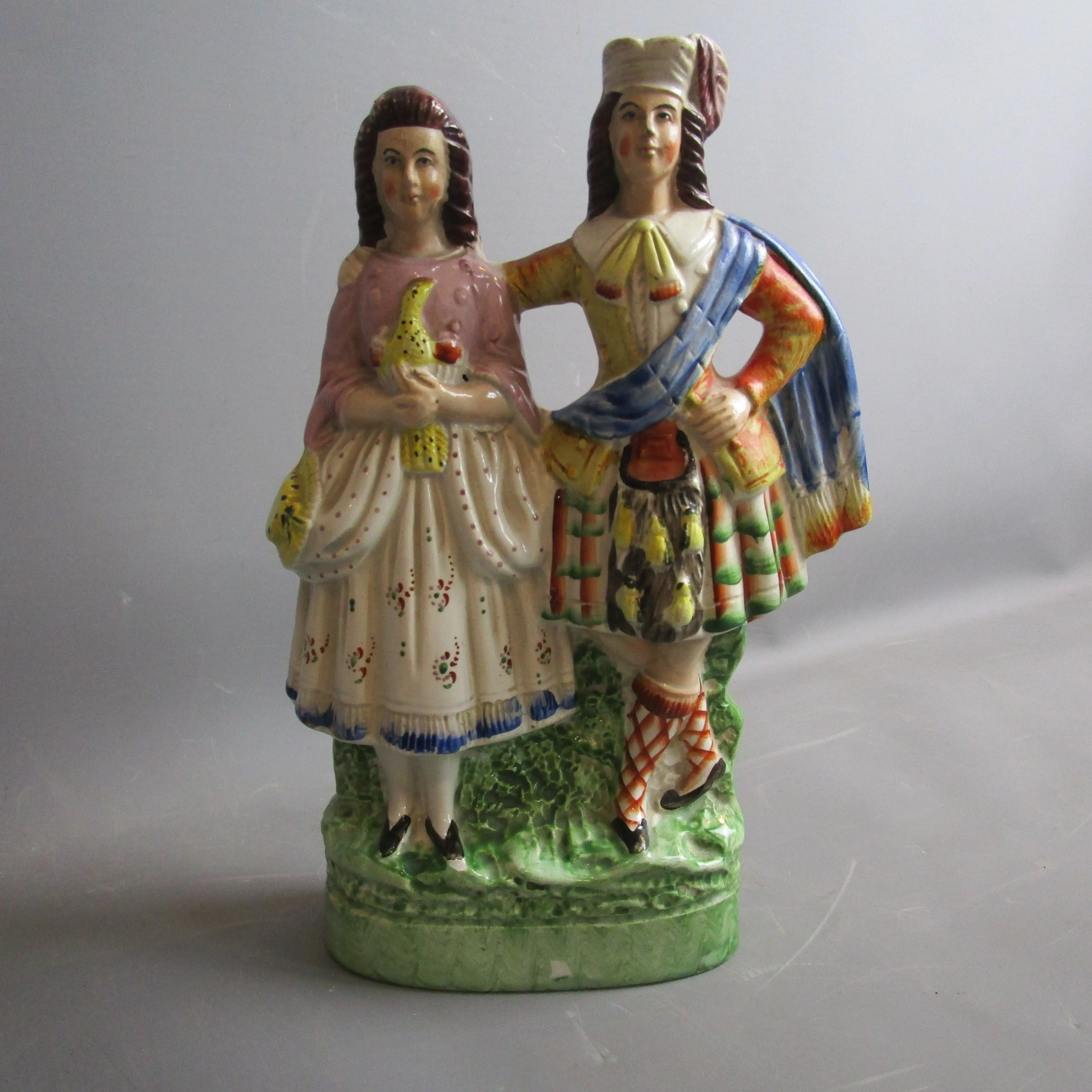 Staffordshire Scottish Couple Flatback Group Scarce Colourway Antique Victorian c1845