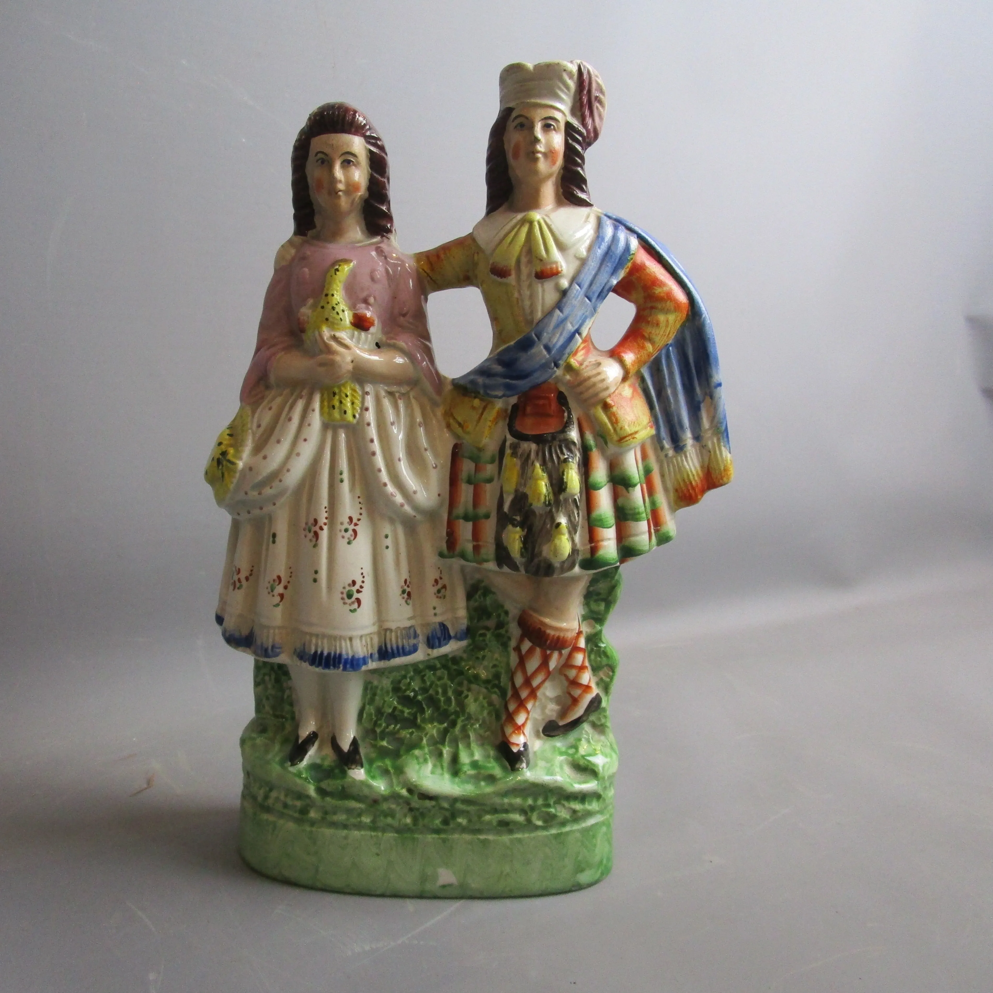 Staffordshire Scottish Couple Flatback Group Scarce Colourway Antique Victorian c1845