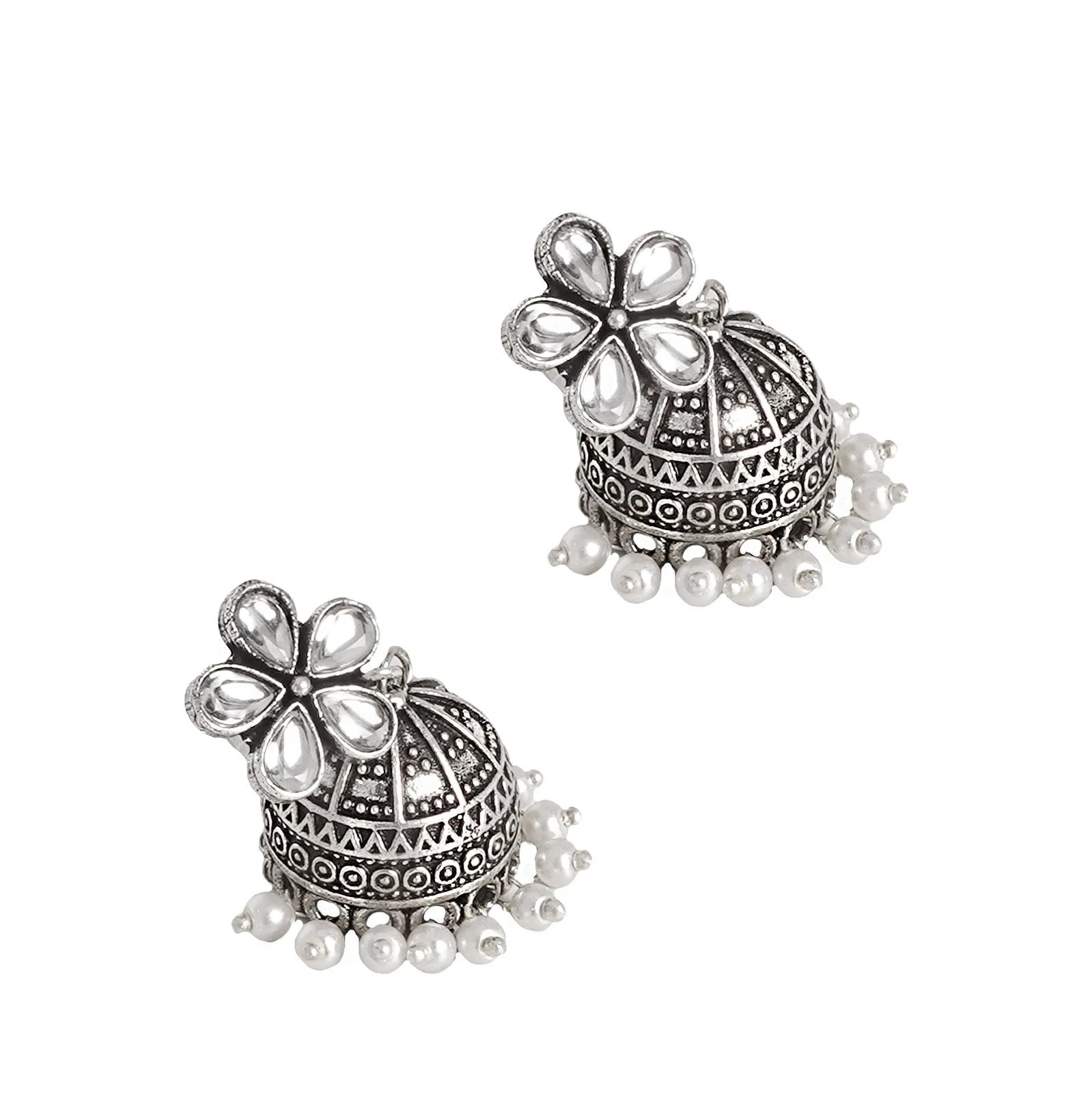 Teejh Luminous Polki Silver Oxidised Pearl Jhumki Earrings