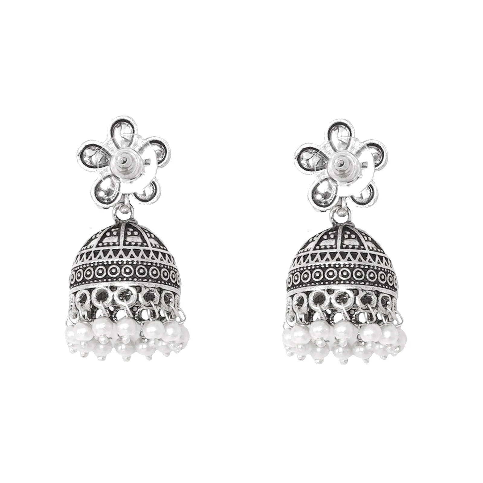 Teejh Luminous Polki Silver Oxidised Pearl Jhumki Earrings