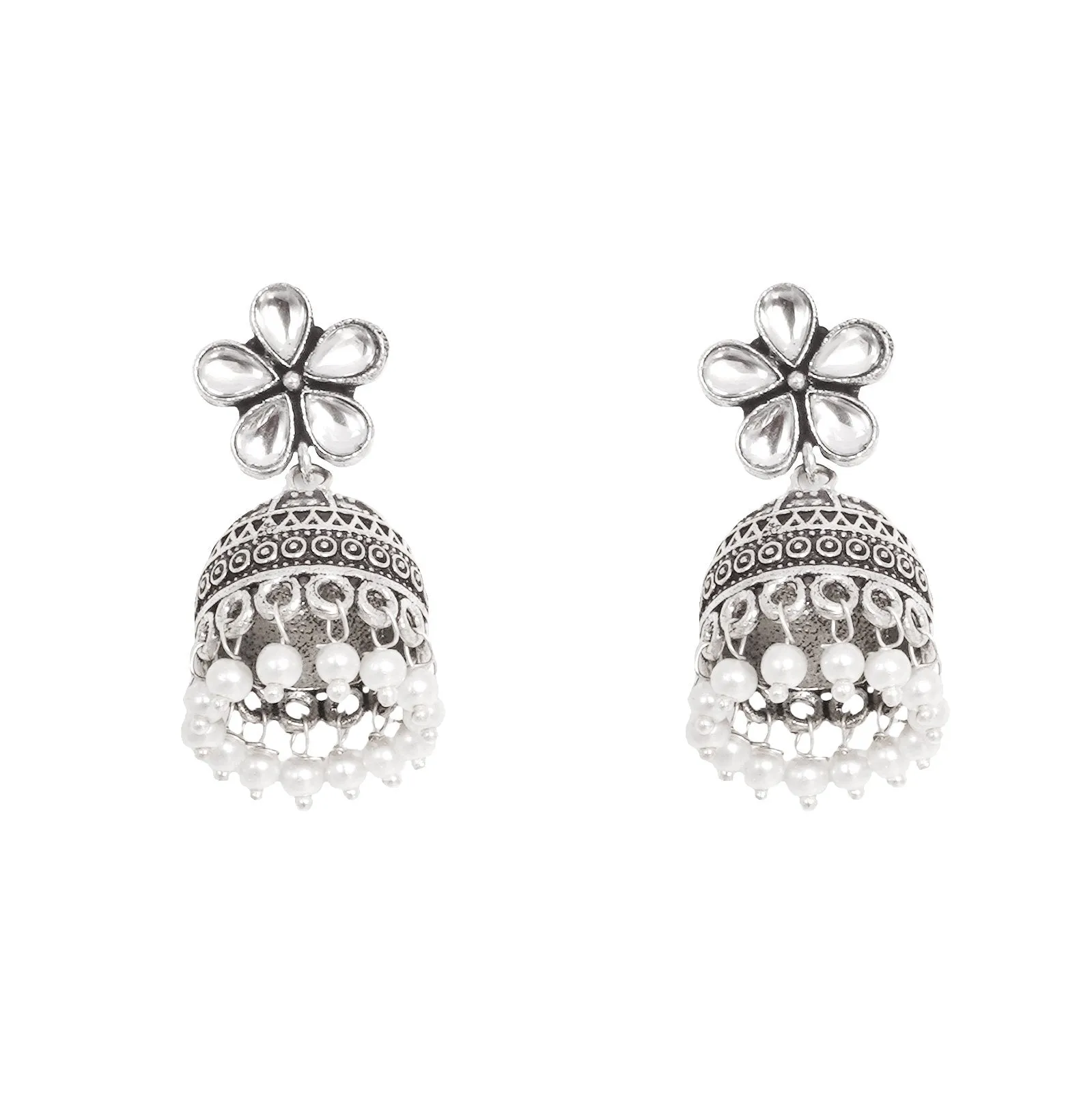 Teejh Luminous Polki Silver Oxidised Pearl Jhumki Earrings