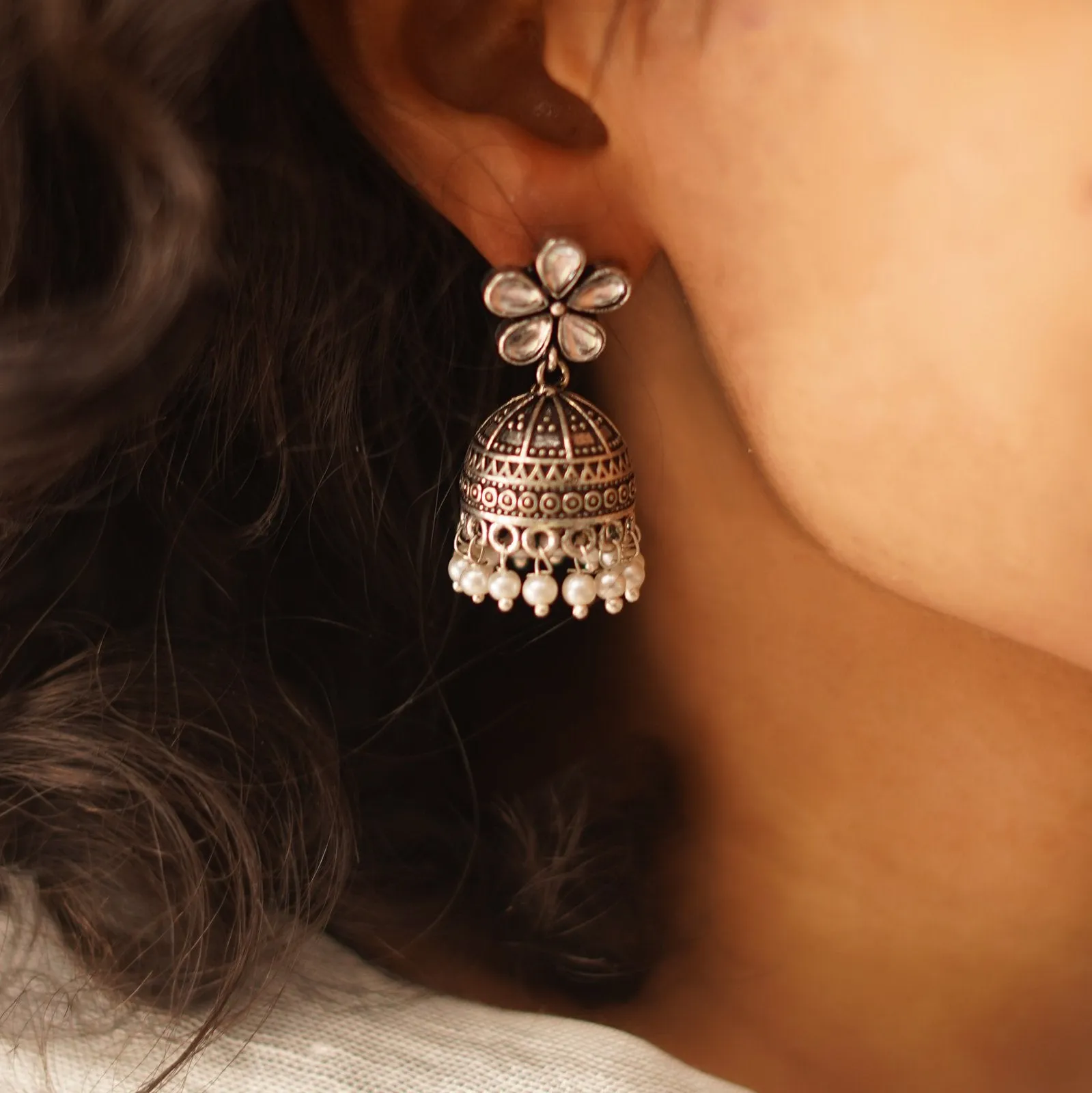 Teejh Luminous Polki Silver Oxidised Pearl Jhumki Earrings